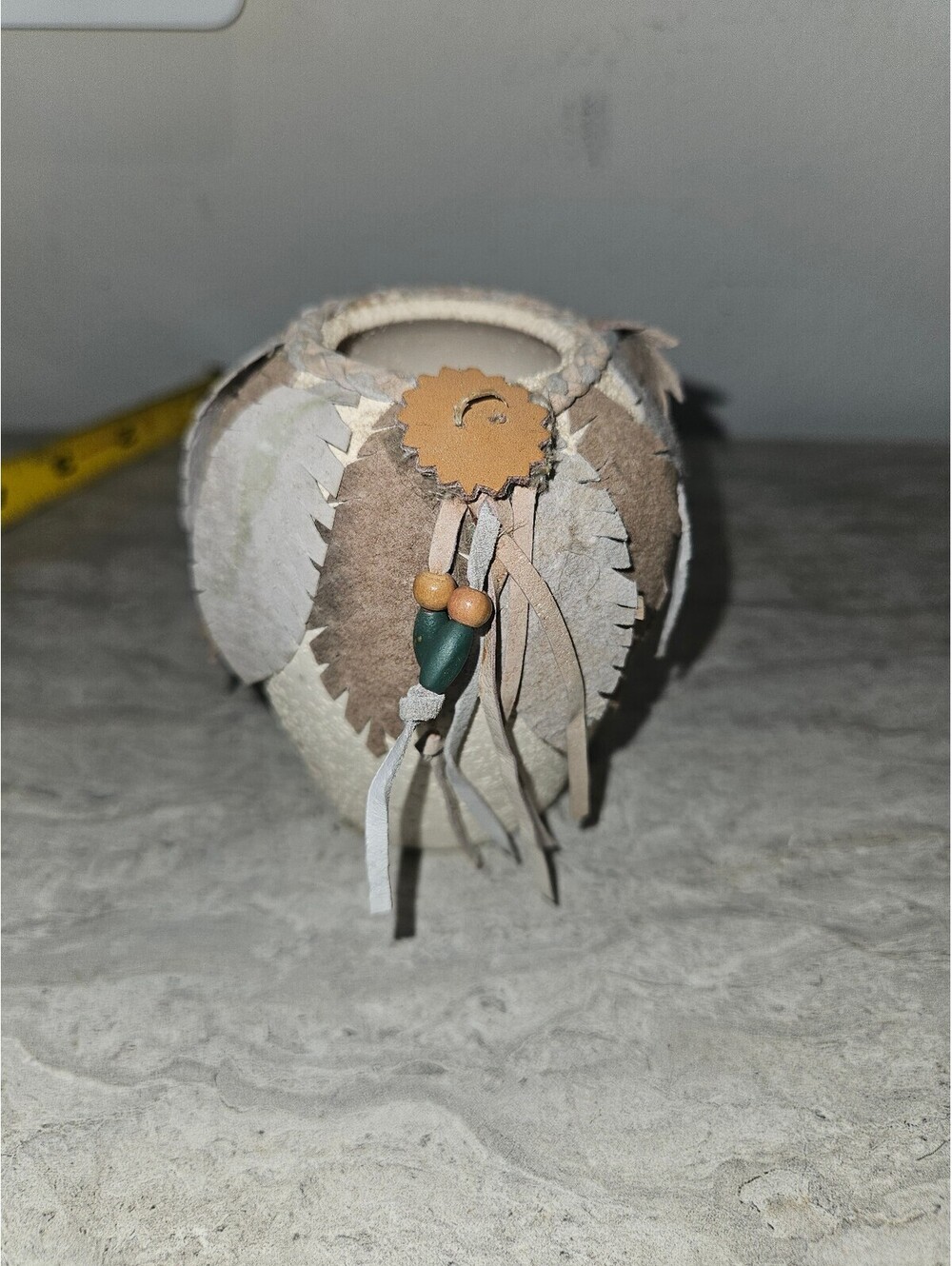 Small Handmade Decorative Basket Vase with Leather Leaf Accents